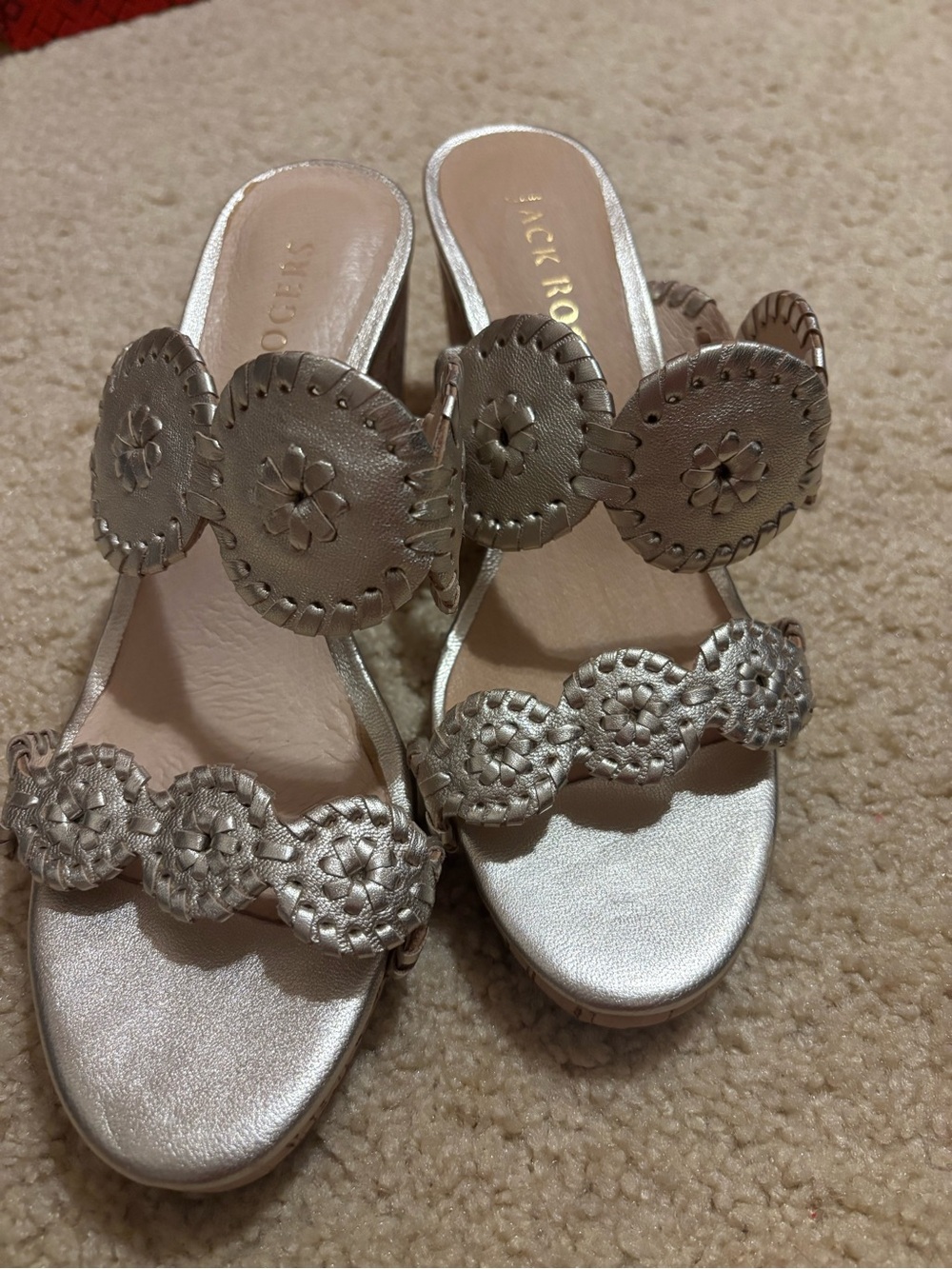 Jack Rogers Silver Braided Medallion Wedge Mules